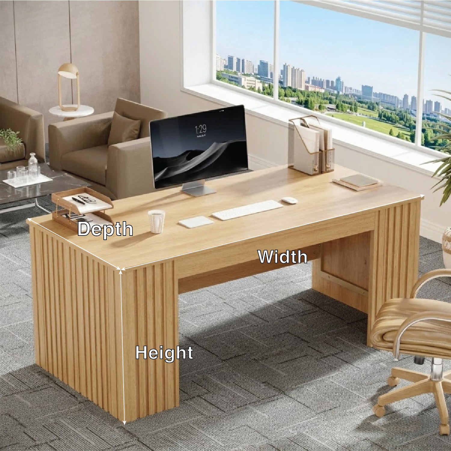 Modern Fluted Executive Desk, Large Minimalist Home Office Workstation Writing Table