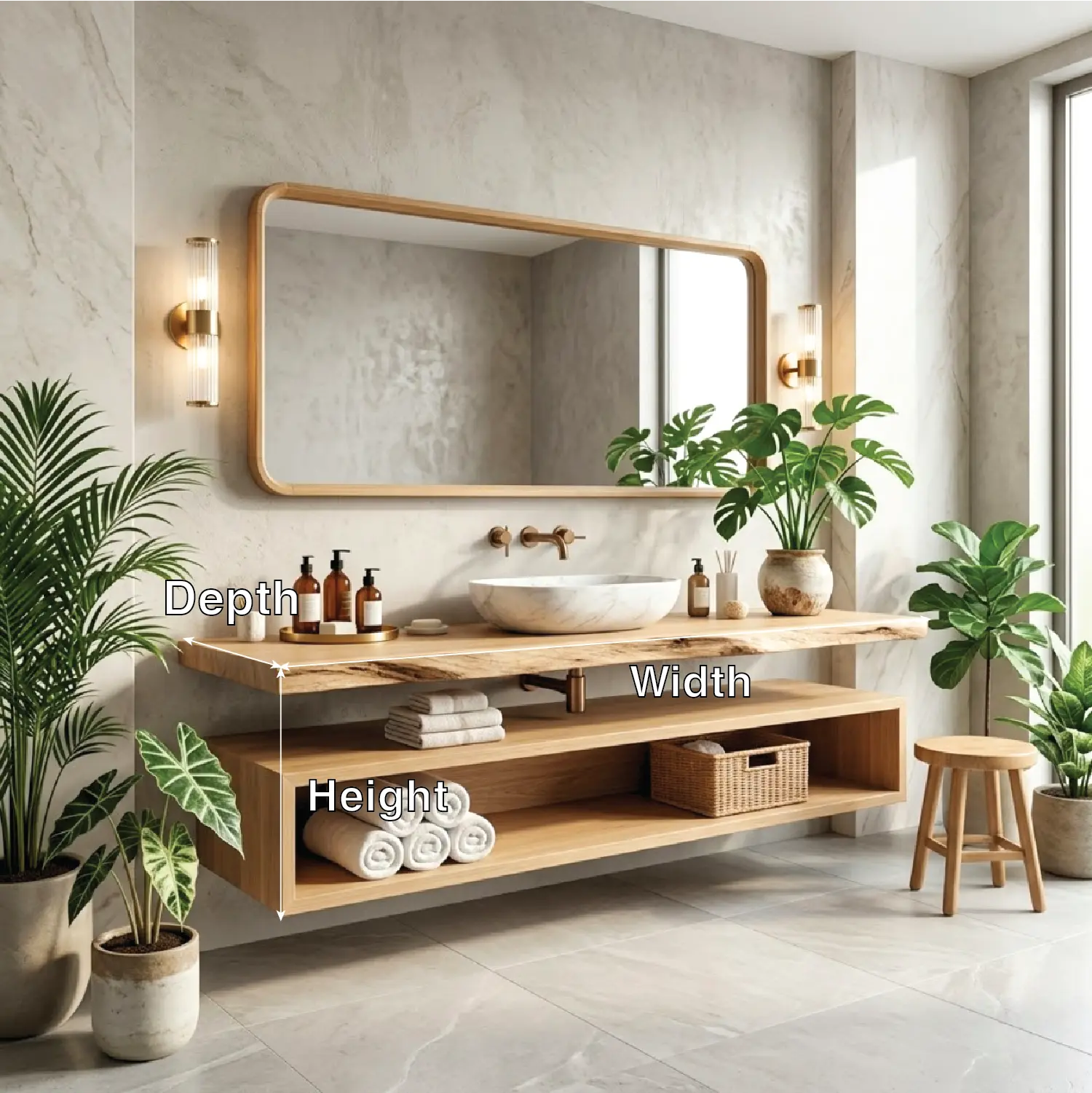 Floating Vanity with Natural Wood Finish and Open Shelf for Bathroom Kitchnce