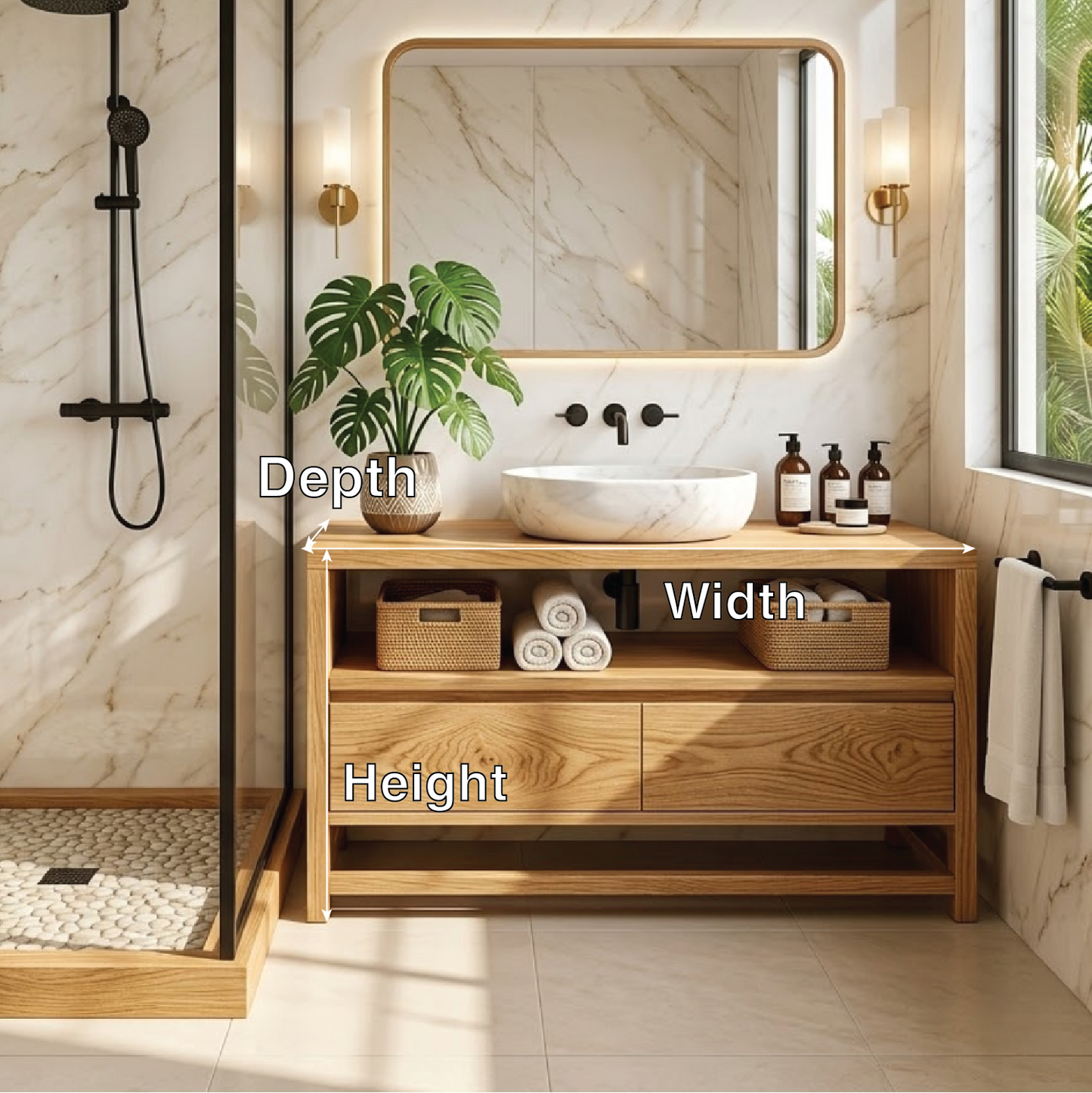 Modern Oak Bathroom Vanity with Marble Sink and LED Mirror Kitchnce