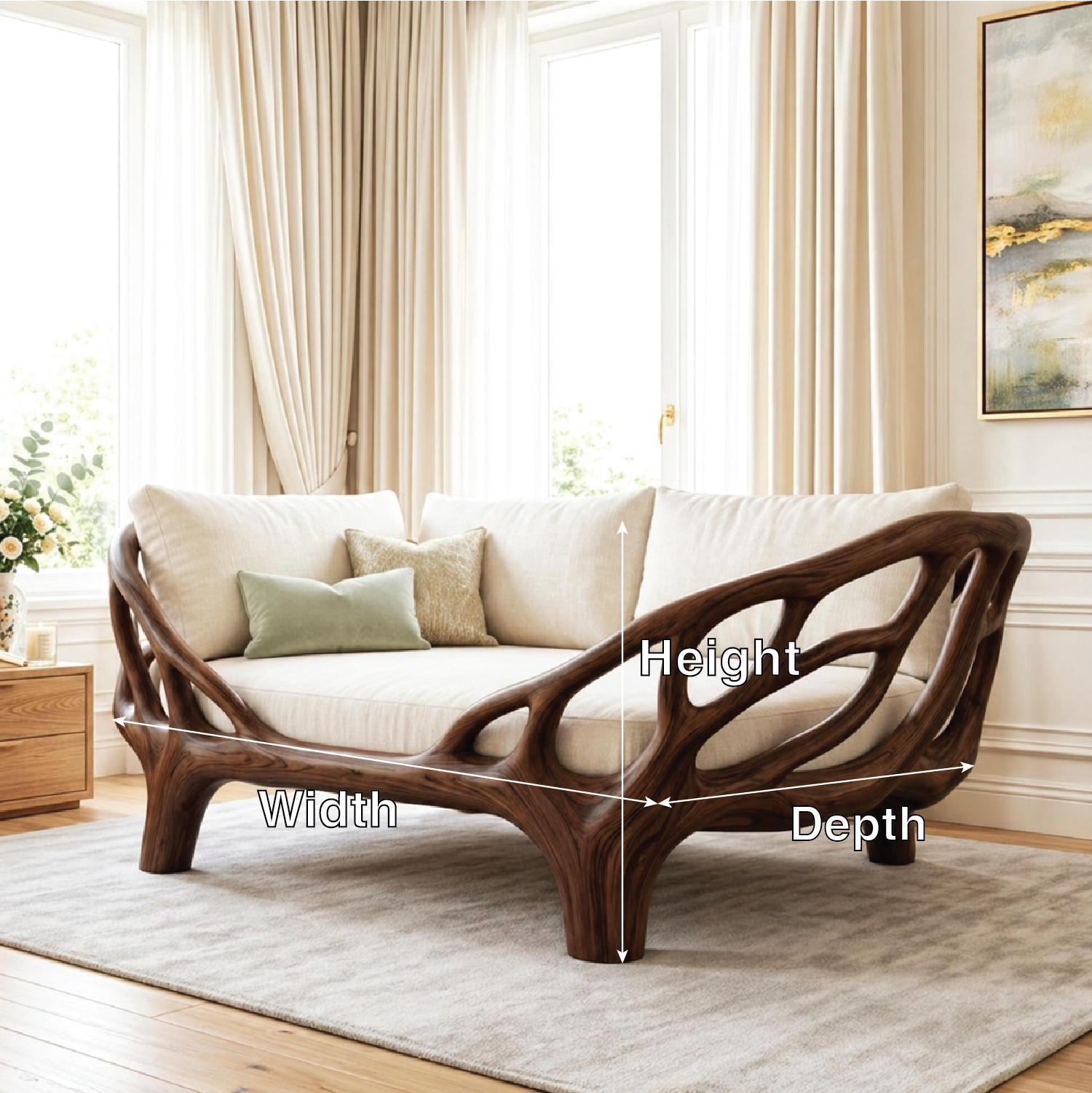 Contemporary Sculptural Daybed Sofa With Open Frame, Cream Cushions, Luxury Lounge