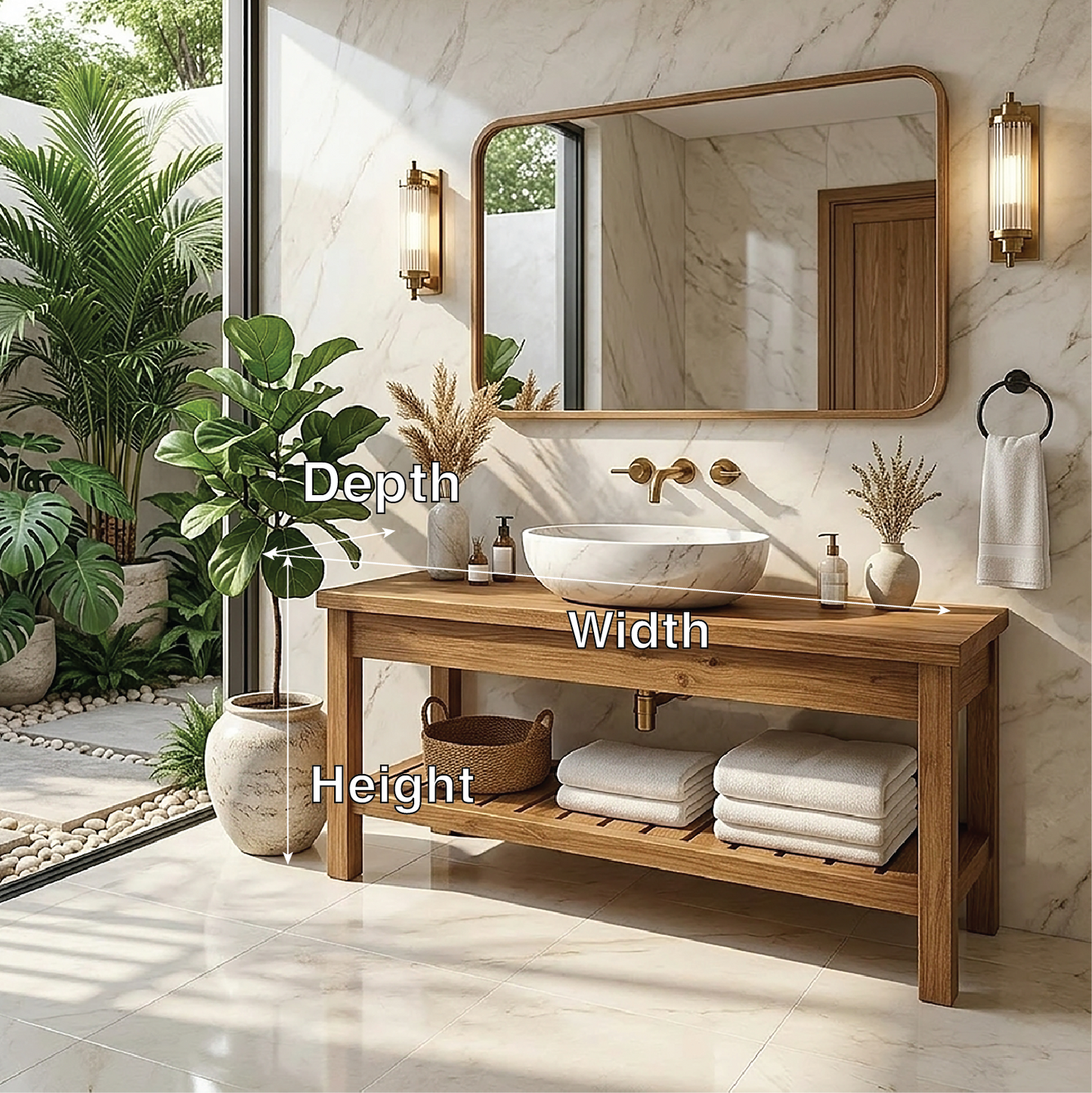 Modern Oak Bathroom Vanity with White Marble Sink and Golden Fixtures Kitchnce