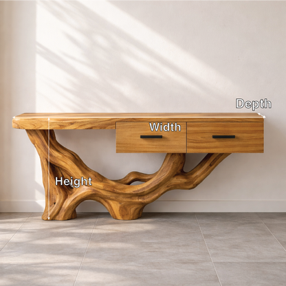 Rustic Solid Wood Console Table With Drawers, Tree Root Base Entryway Hallway Furniture Kitchnce