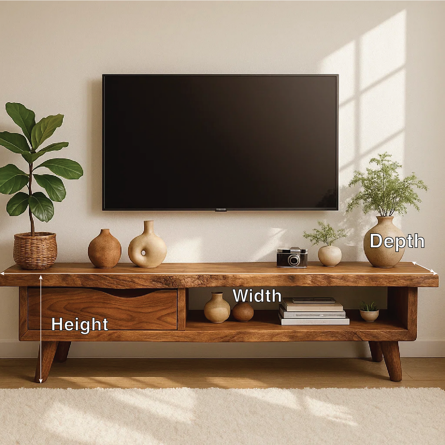 Handcrafted Solid Wood TV Stand with Drawer and Open Shelf, Mid Century Modern Media Console Kitchnce