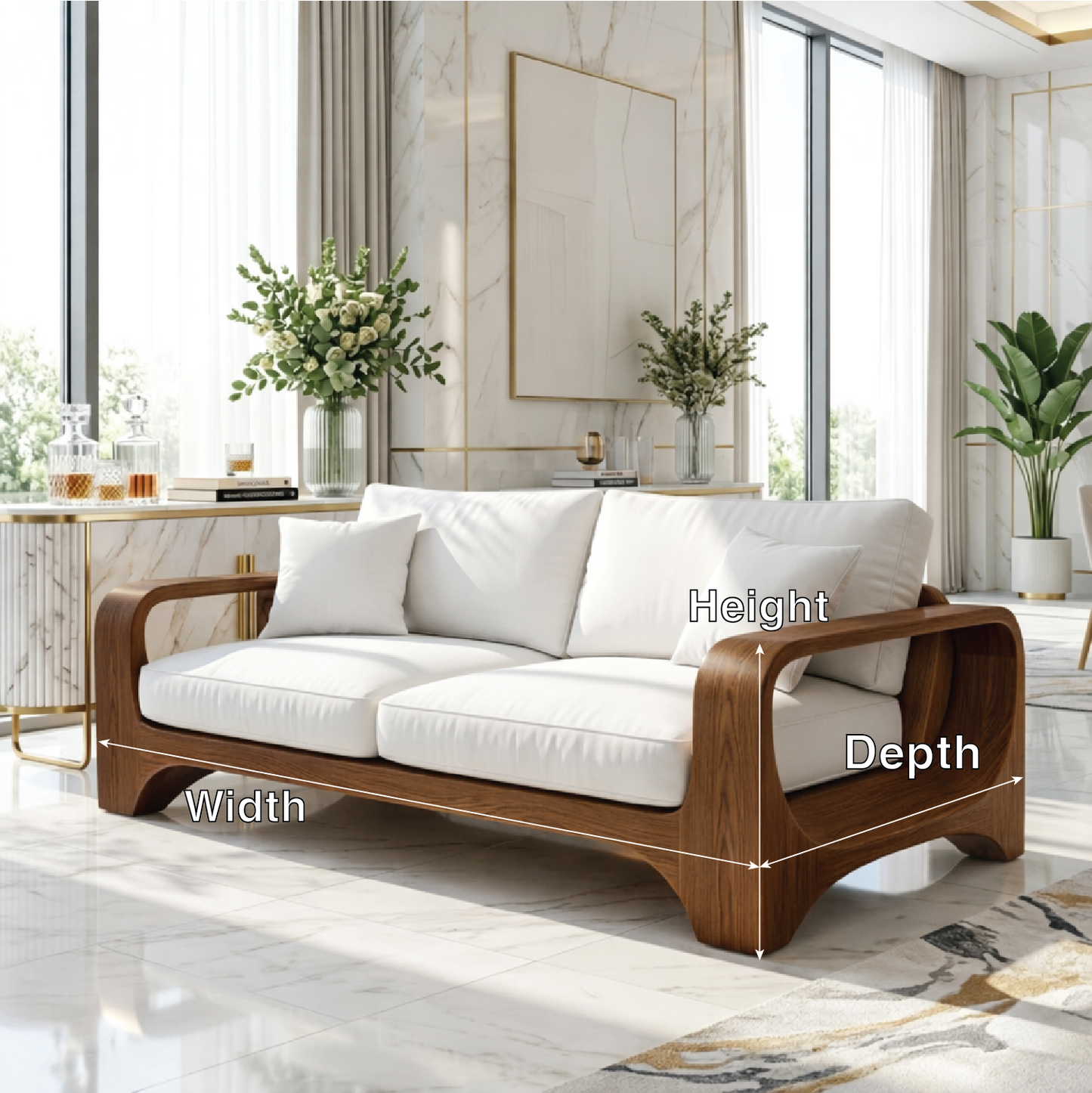 Modern Minimalist Solid Wood Sofa with White Fabric Cushions Zen Style Living Couch