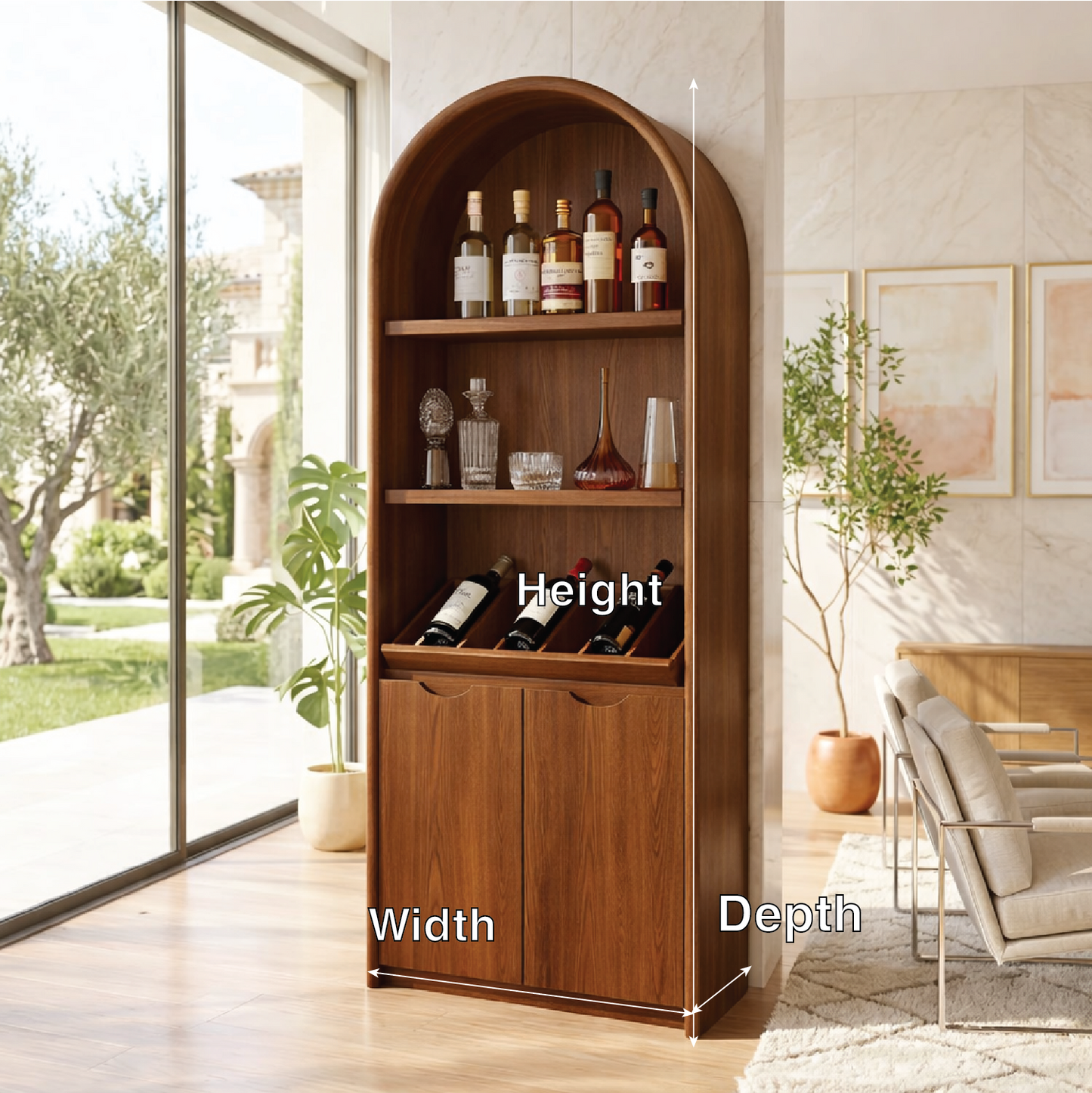 Contemporary Arched Wine Cabinet with Display Shelves and Hidden Storage Doors