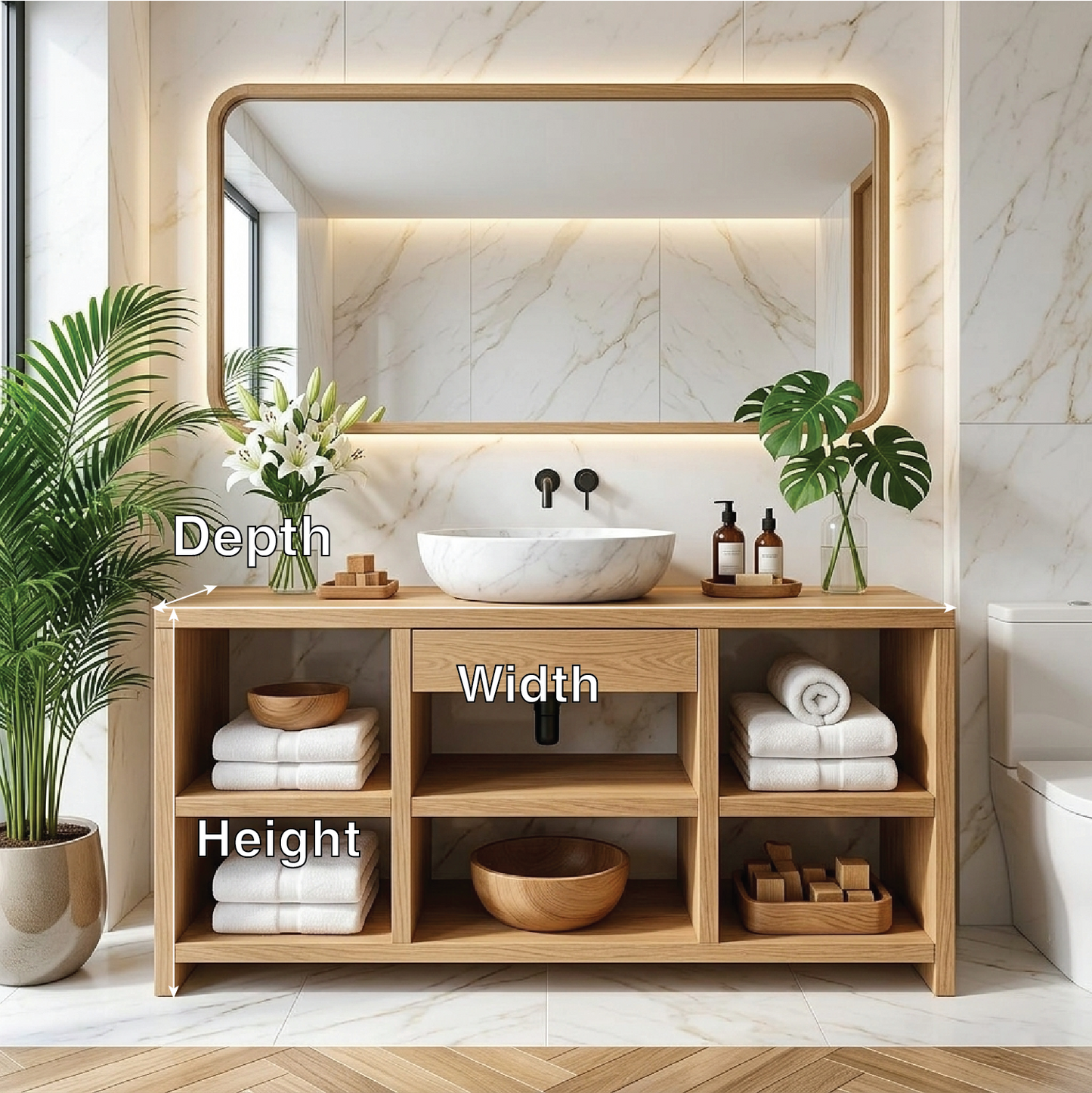 Contemporary Oak Bathroom Vanity with White Marble Sink & Open Shelving Kitchnce