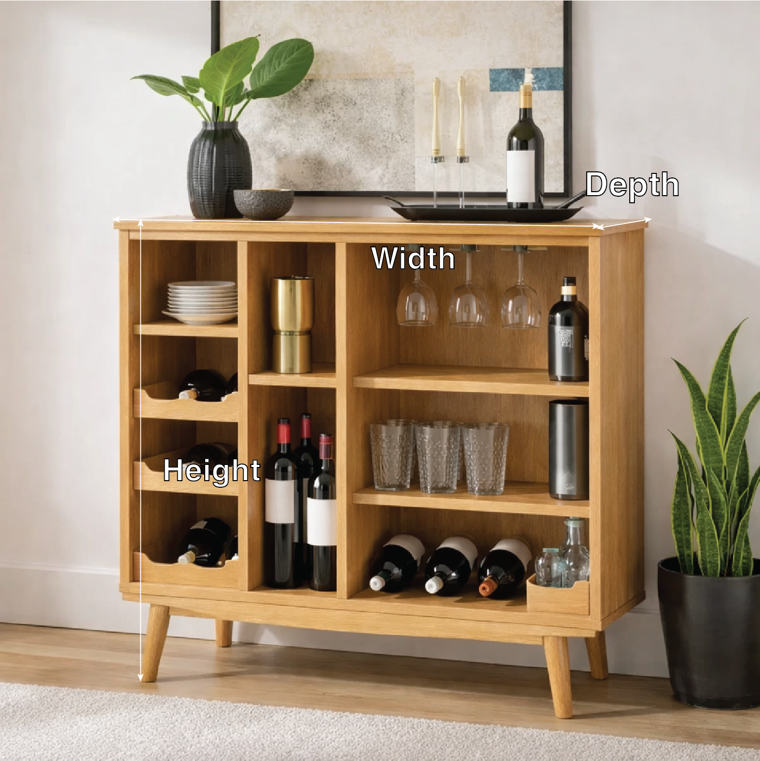 Solid Wood Wine Cabinet with Open Shelves and Glass Rack Storage Unit
