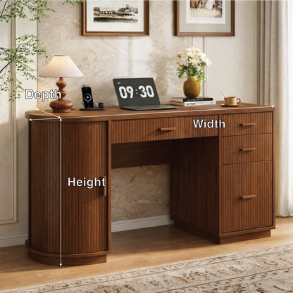 Modern Fluted Executive Desk with Drawers, Curved Cabinet Home Office Writing Table