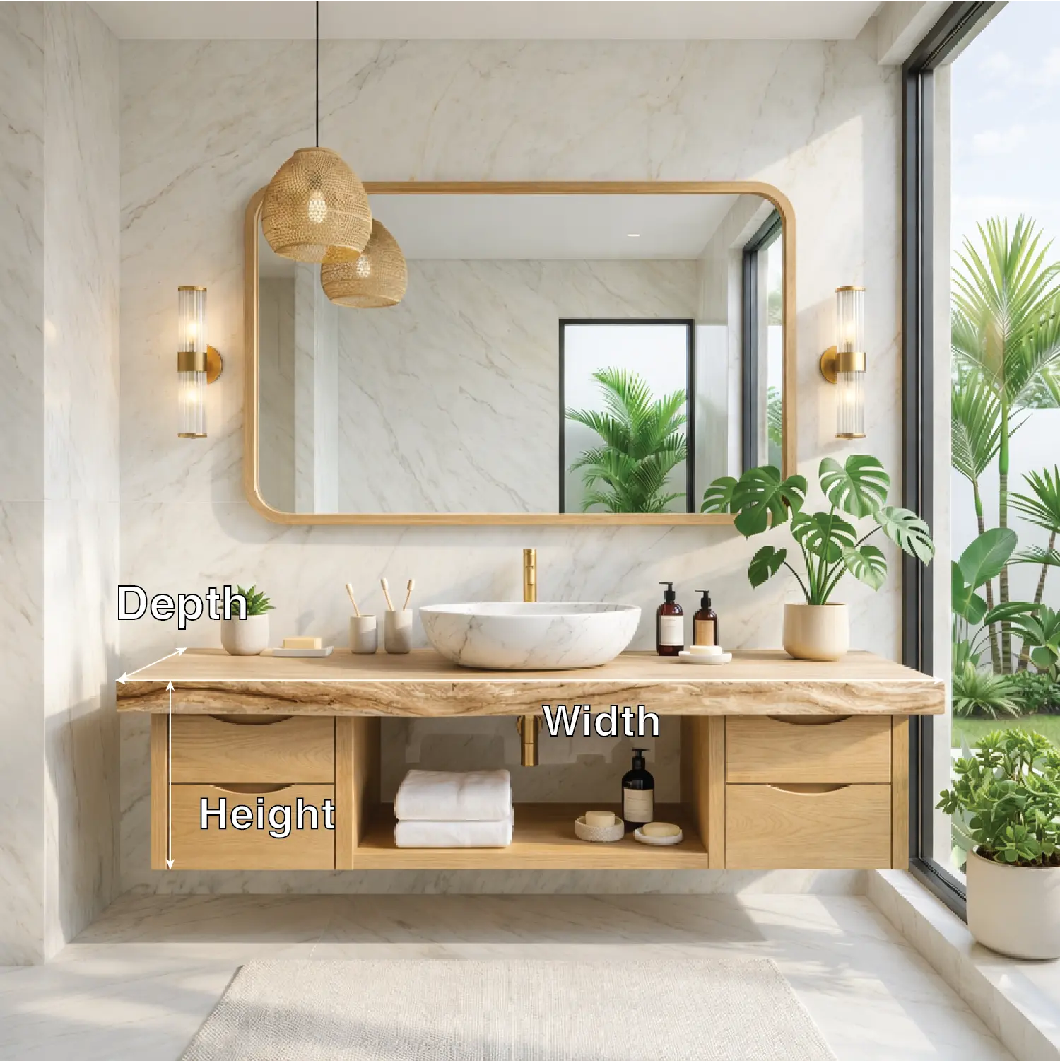 Floating Bathroom Vanity with Natural Wood, Modern Design, and Spacious Storage Kitchnce
