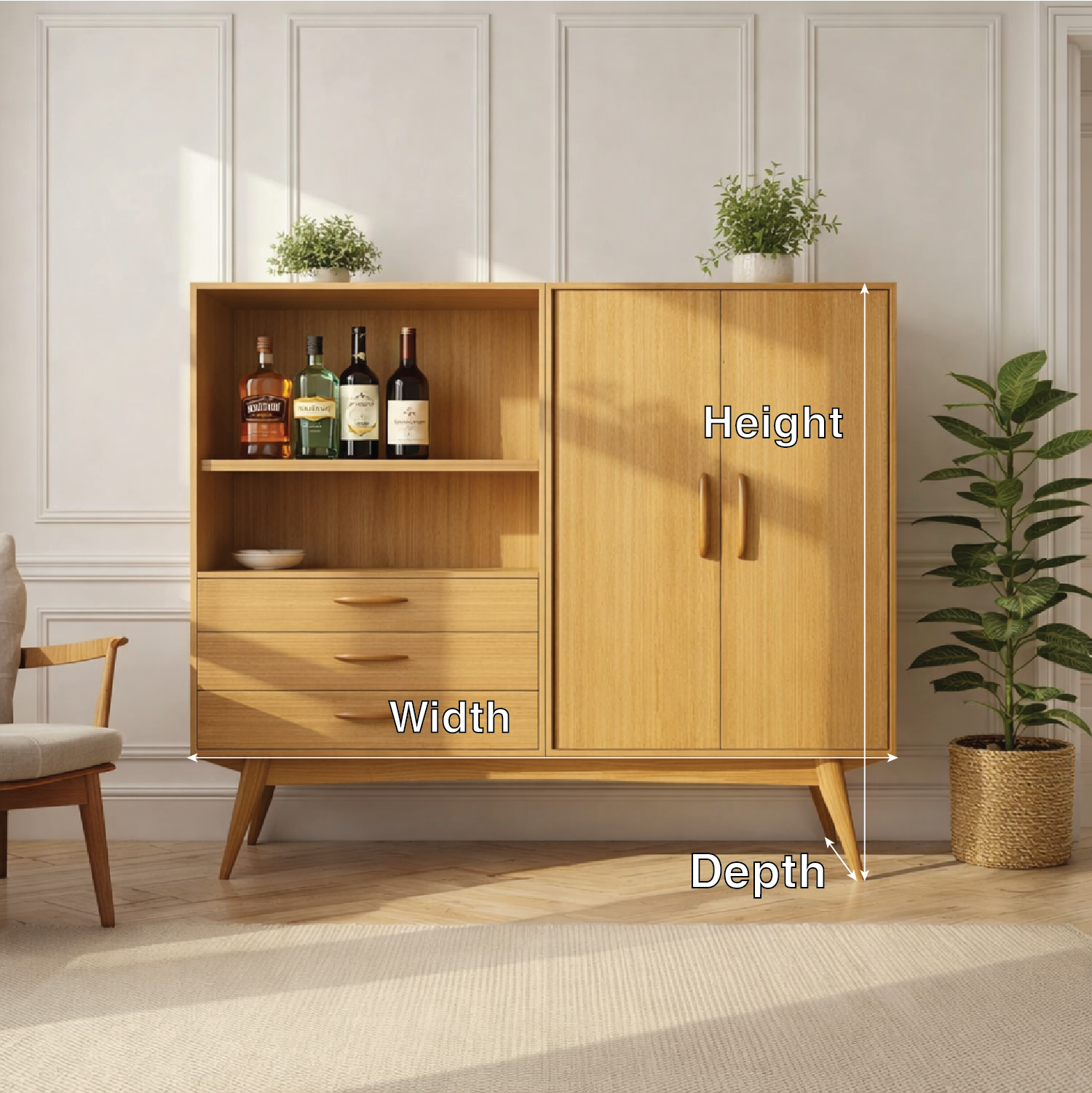 Handcrafted Solid Wood Wine Cabinet Mid Century Bar Storage with Doors and Drawers