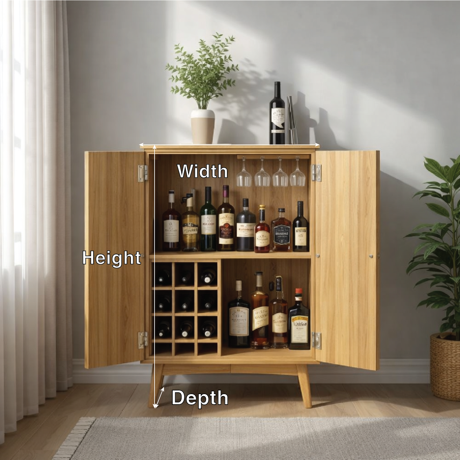 Solid Wood Wine Cabinet with Double Doors and Built-In Bottle Rack