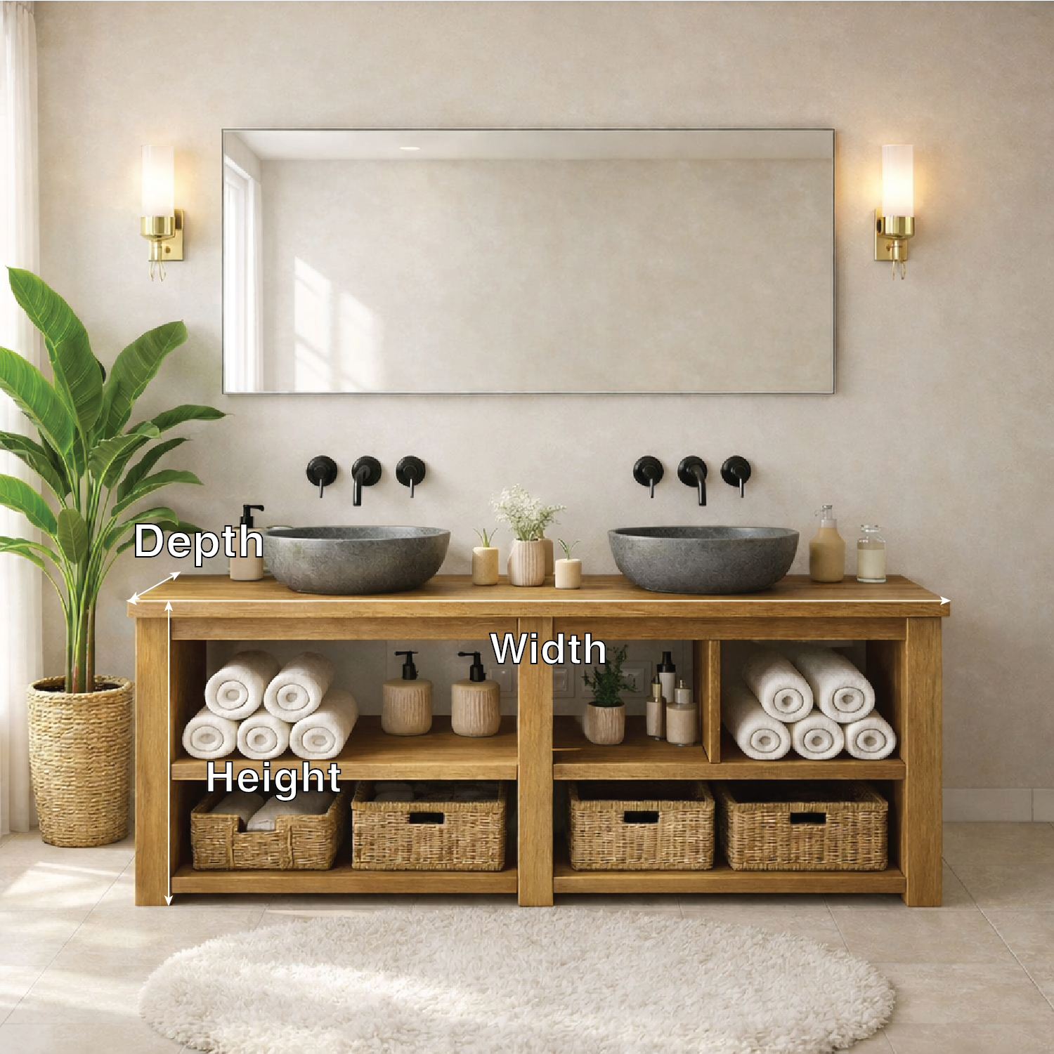 Rustic Double-Sink Wooden Bathroom Vanity with Storage Shelves
