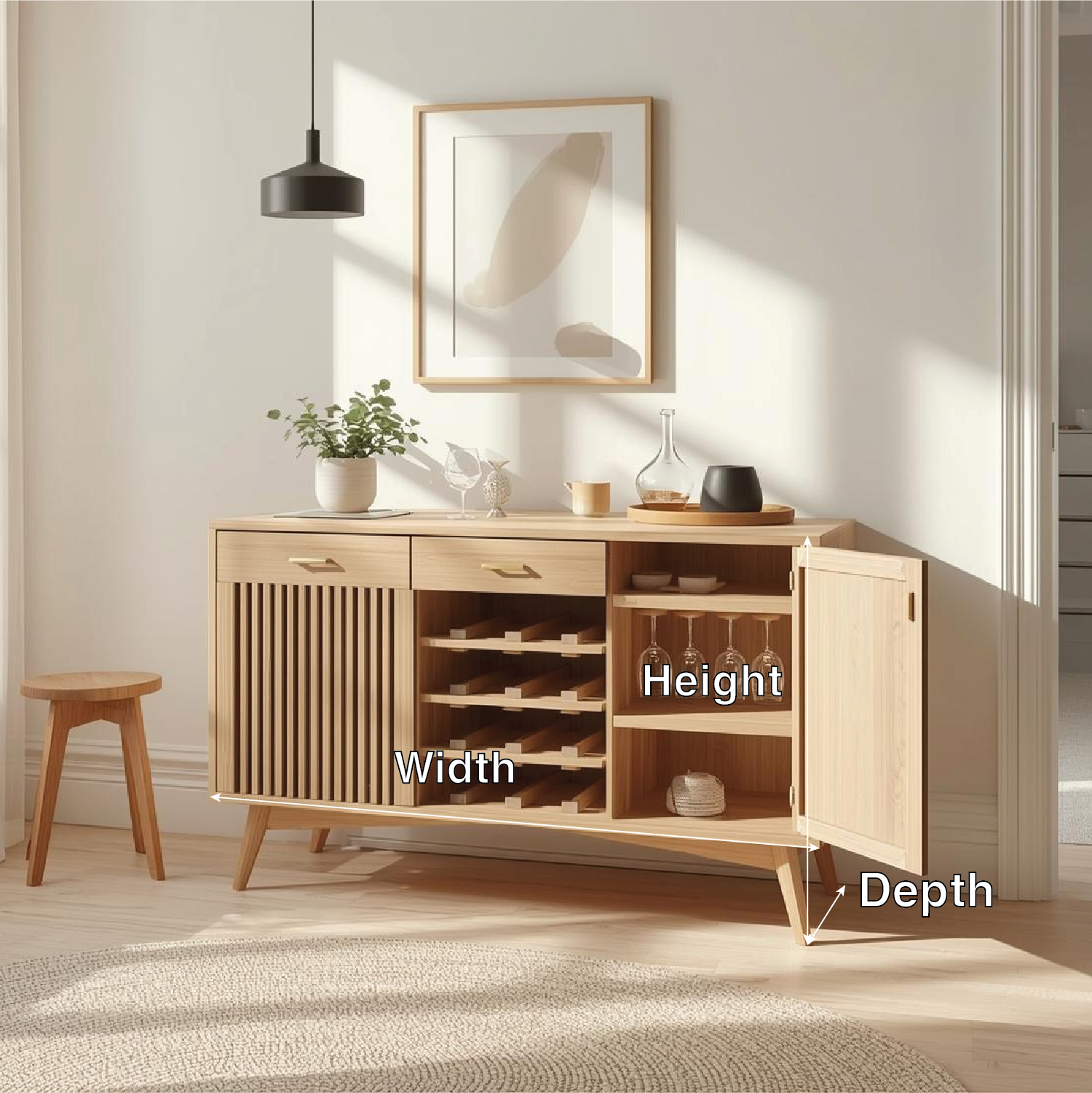 Mid Century Solid Wood Wine Cabinet with Fluted Door and Bottle Storage