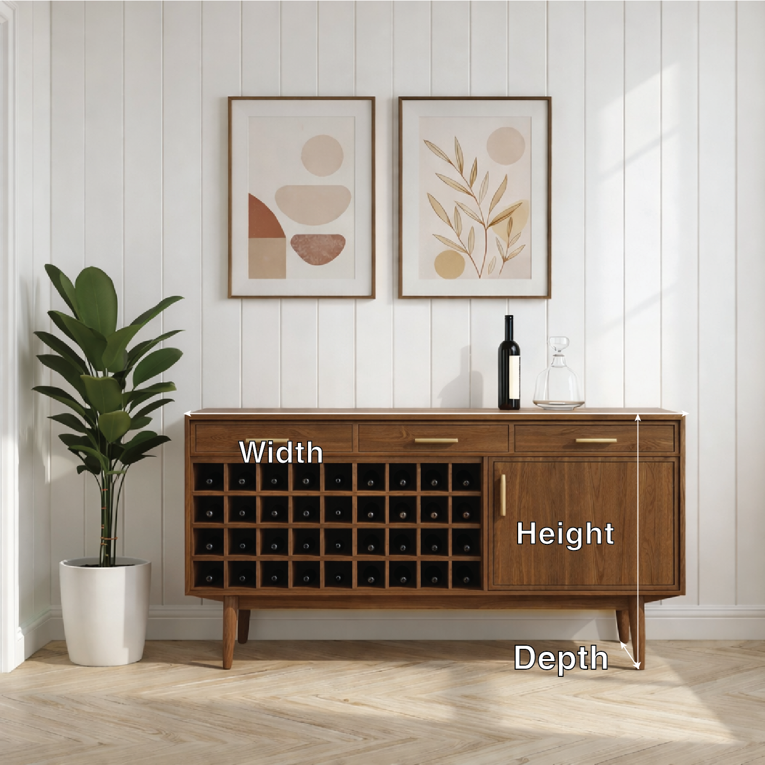 Mid Century Solid Wood Wine Cabinet with Large Bottle Rack and Drawer Storage