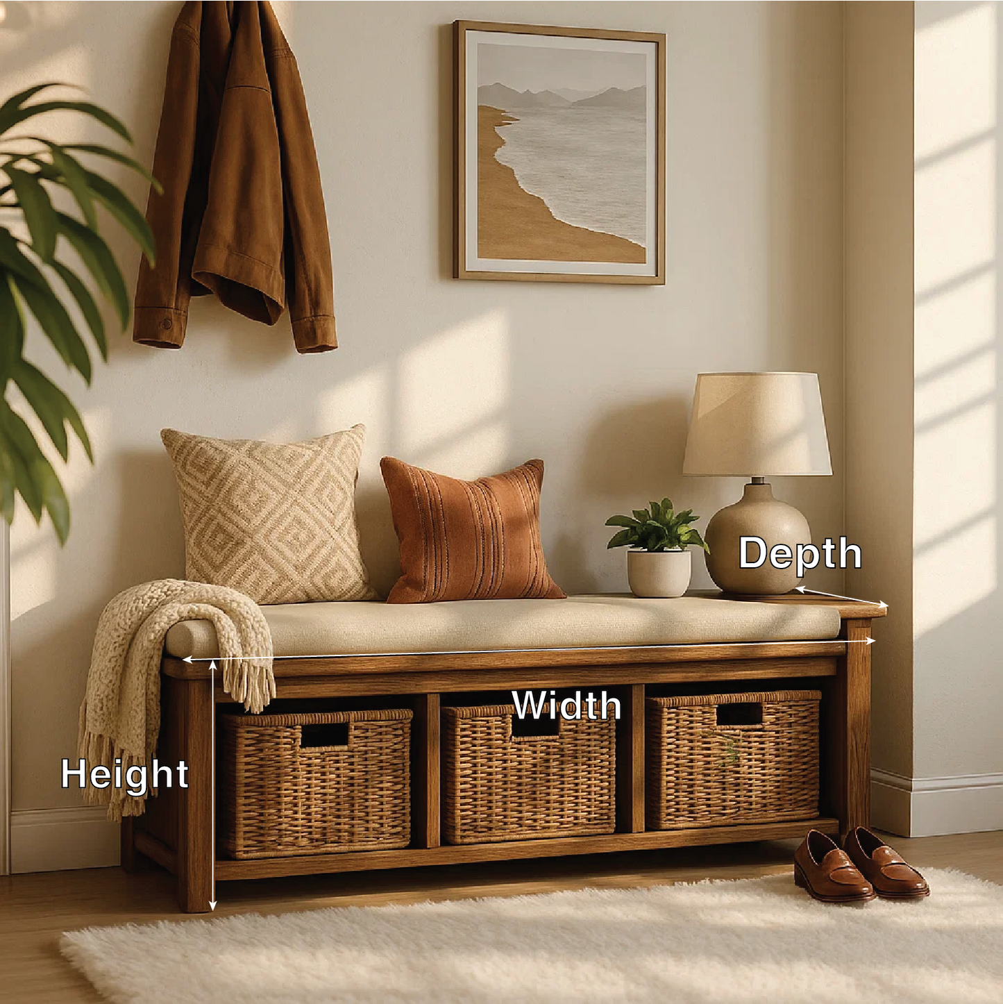 Solid Wood Entryway Bench with Woven Basket Storage, Rustic Hallway Organizer