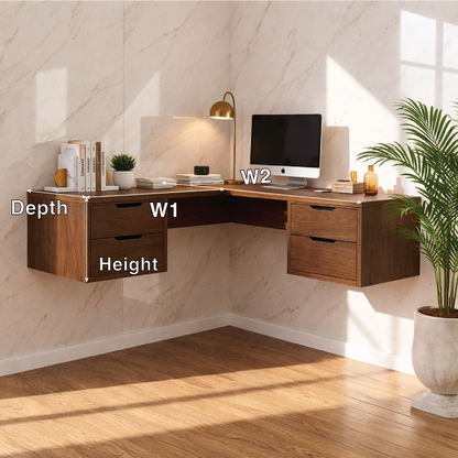 Floating Corner Desk with Drawers – Walnut Wall-Mounted Workspace