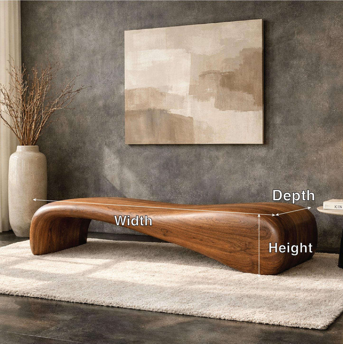 Modern Sculptural Wooden Entryway Bench, Curved Hallway Seating for Luxury Homes