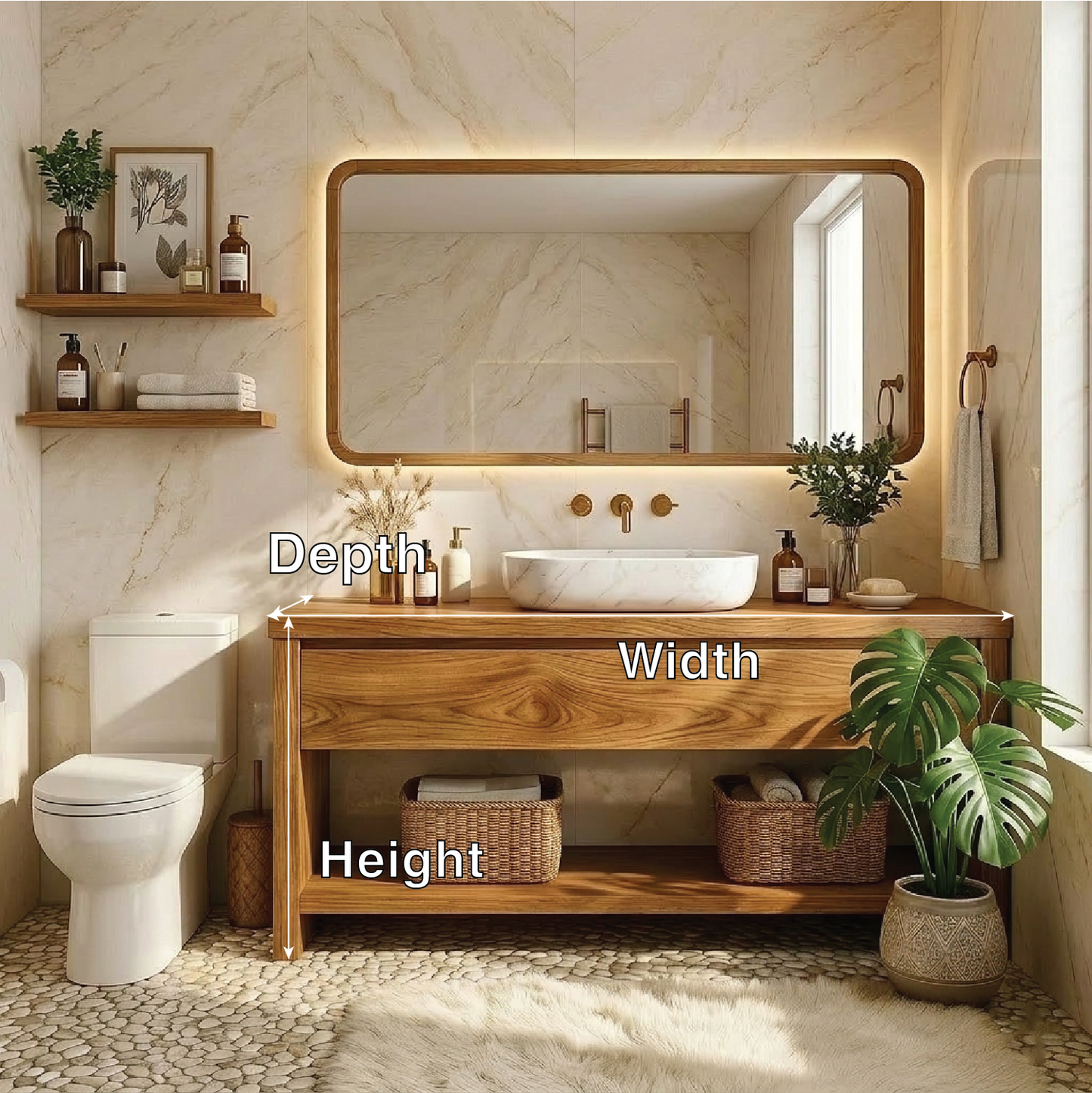Elegant Oak Bathroom Vanity with Marble Sink & Open Shelves, Modern Design Kitchnce