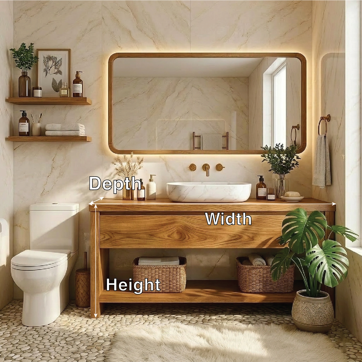 Elegant Oak Bathroom Vanity with Marble Sink & Open Shelves, Modern Design Kitchnce