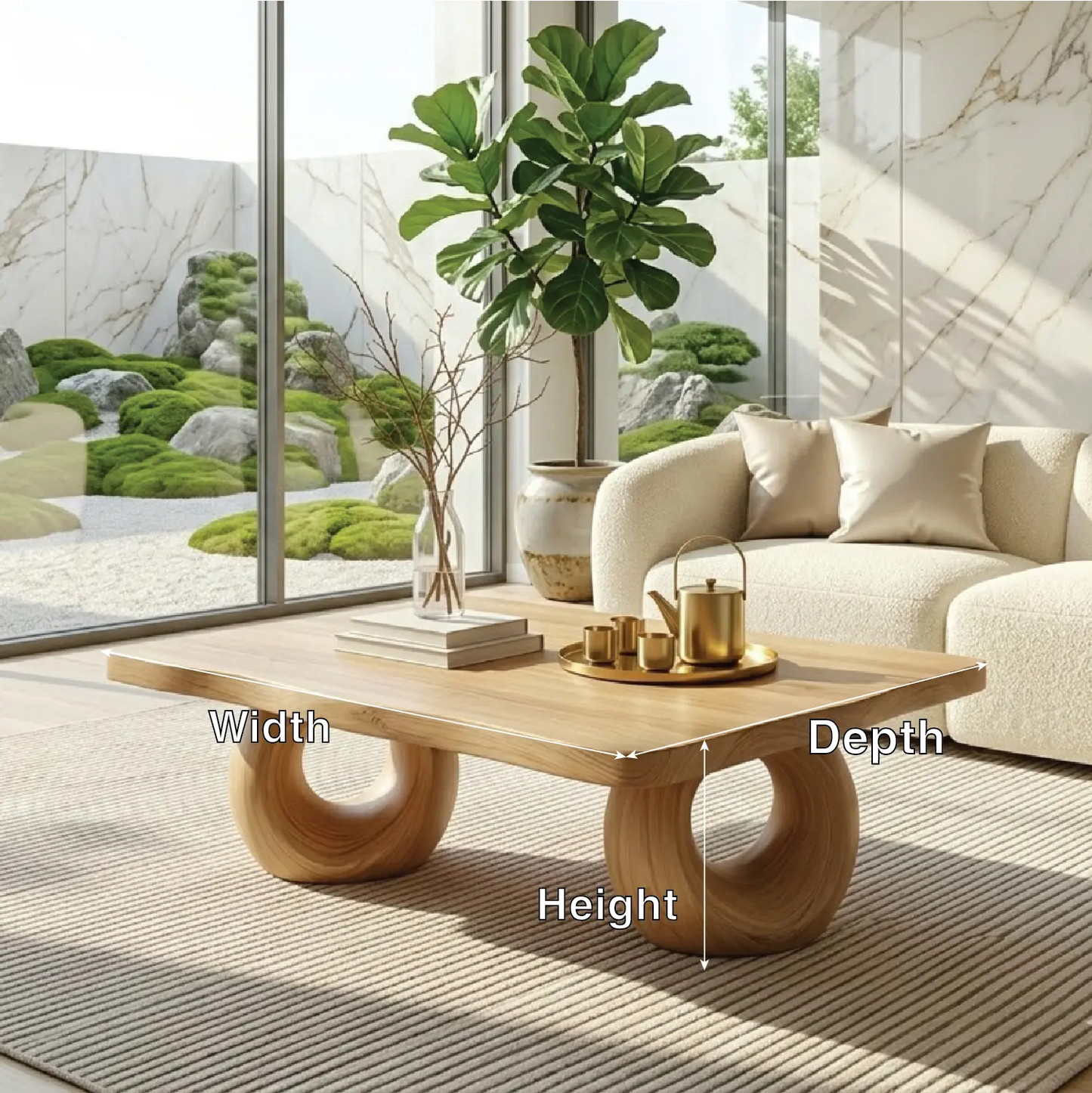 Solid Wood Sculptural Coffee Table with Round Carved Base, Modern Designer Living Room Table Kitchnce