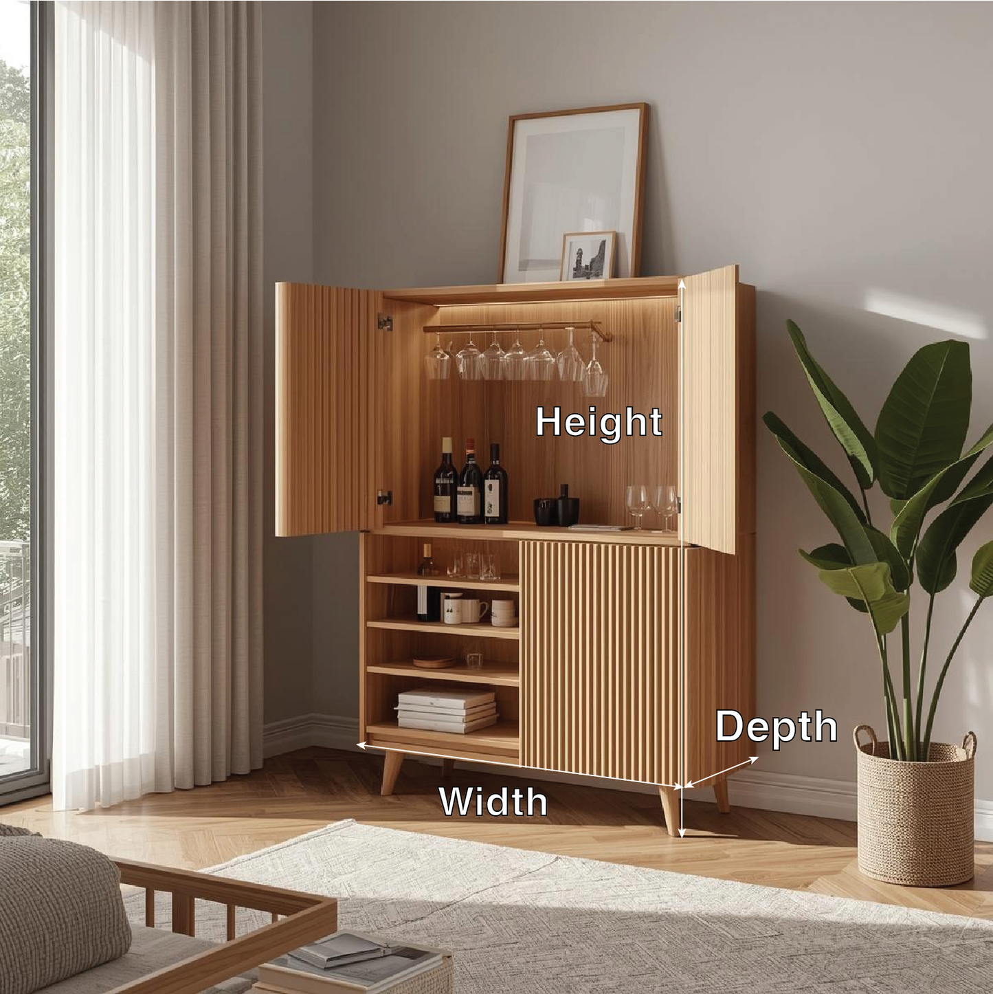 Handcrafted Solid Wood Wine Cabinet Ribbed Door Scandinavian Bar Storage with Glass Rack Display