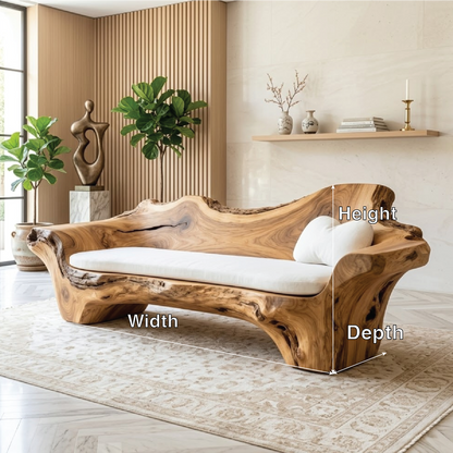 Modern Organic Sculptural Wooden Sofa, Handmade Statement Couch with Cream Cushion
