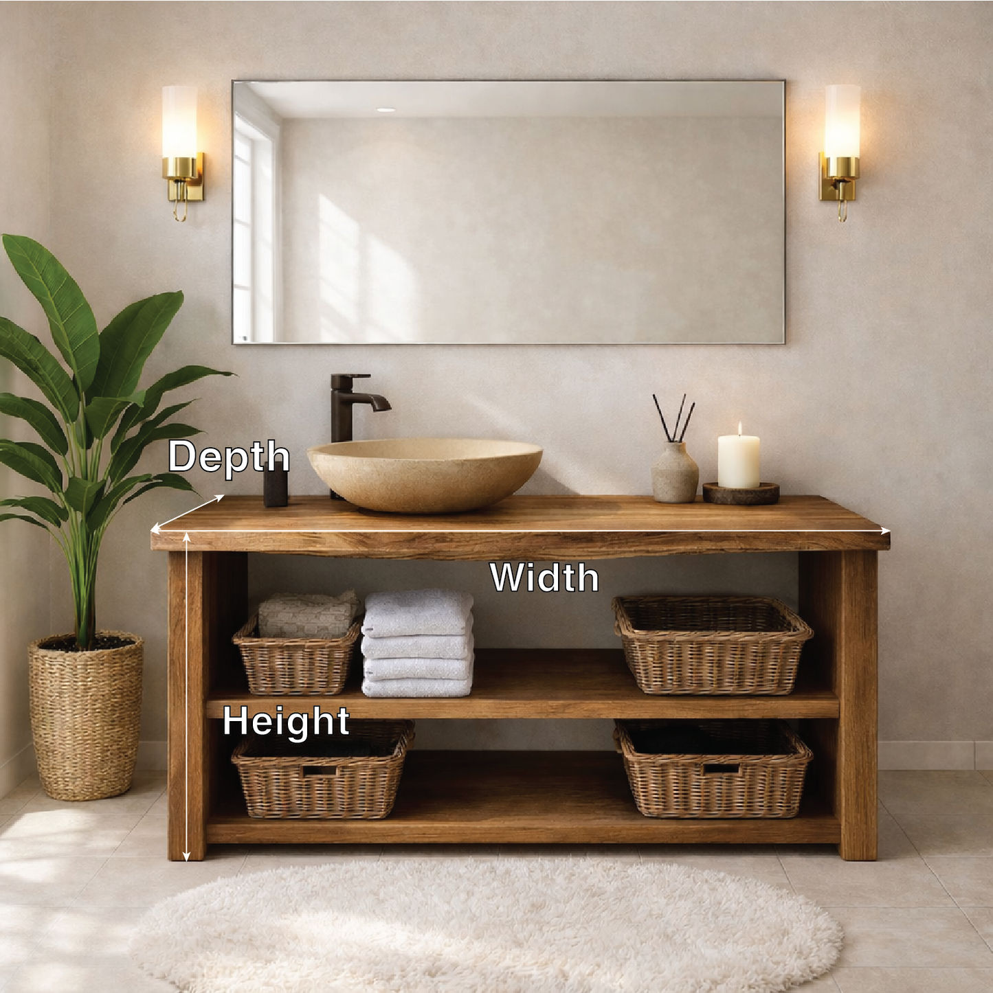 Rustic Wooden Bathroom Vanity with Open Shelves and Modern Faucet Kitchnce
