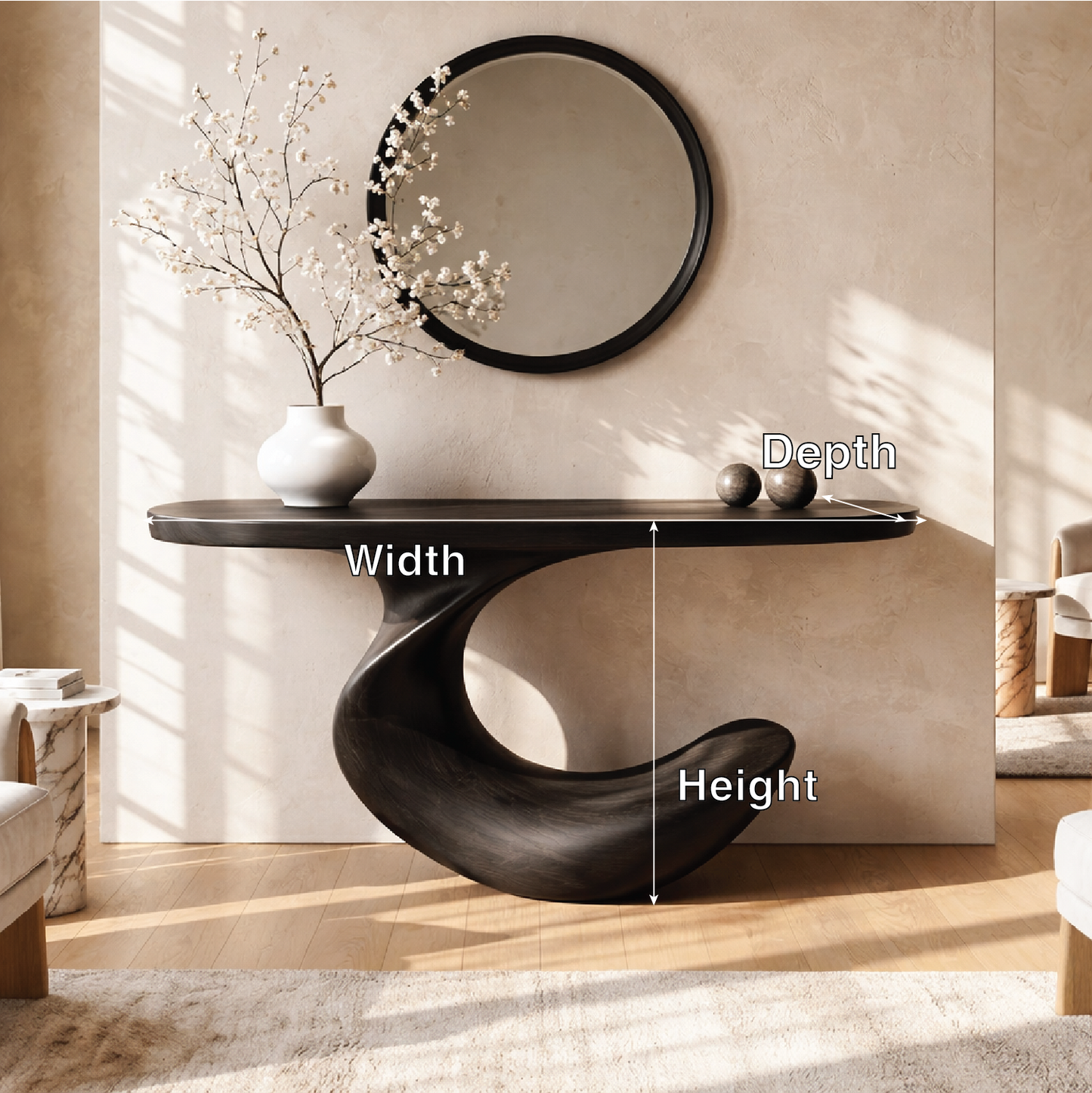 Solid Wood Console Table with Sculpted Curved Base, Modern Minimalist Design