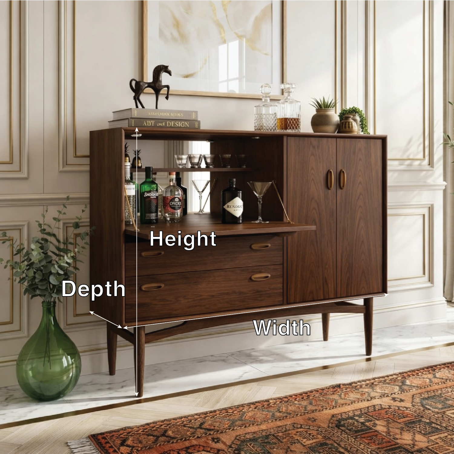 Contemporary Wooden Bar Cabinet, Stylish Mid Century Entertaining Console for Storage