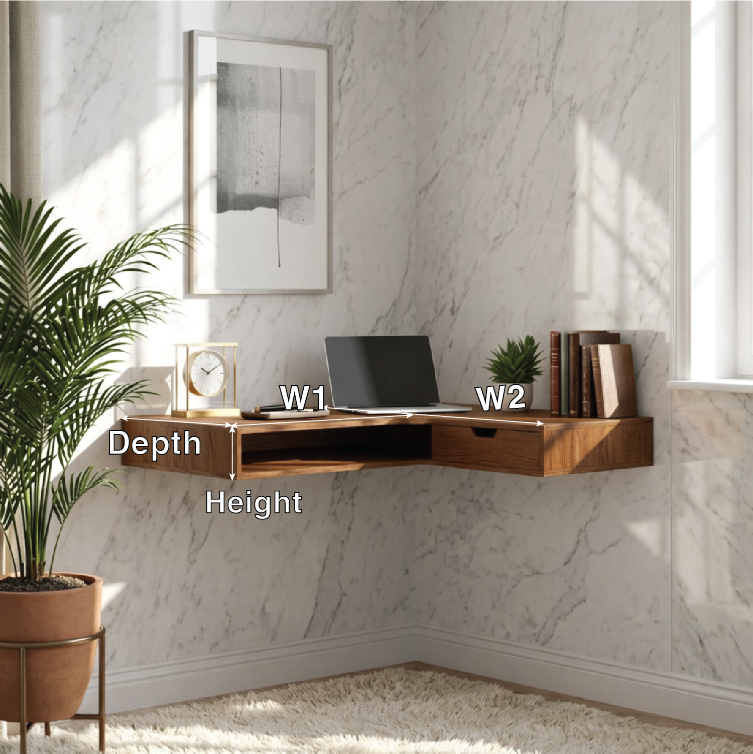 Floating Corner Desk – Slim Walnut Wall Workspace