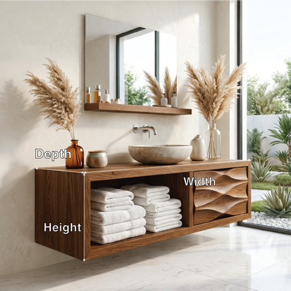 Modern Solid Wood Bathroom Vanity with Open Storage and Textured Drawer Front