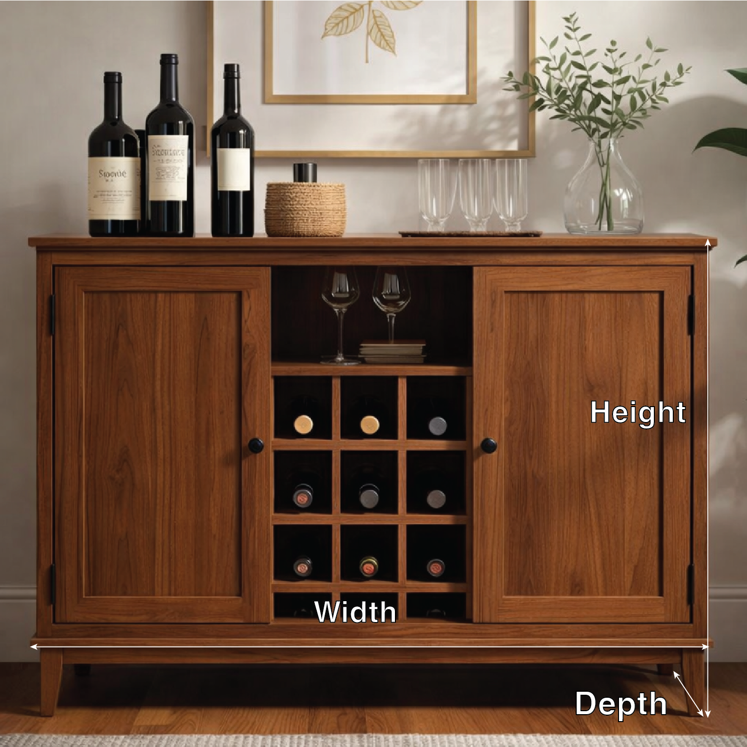 Handcrafted Solid Wood Wine Cabinet Storage Sideboard with Glass Holder Modern Home Bar