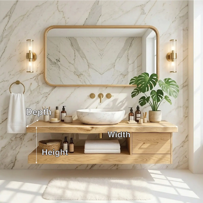 Floating Vanity with Natural Wood and Marble Sink, Modern Bathroom Design Kitchnce