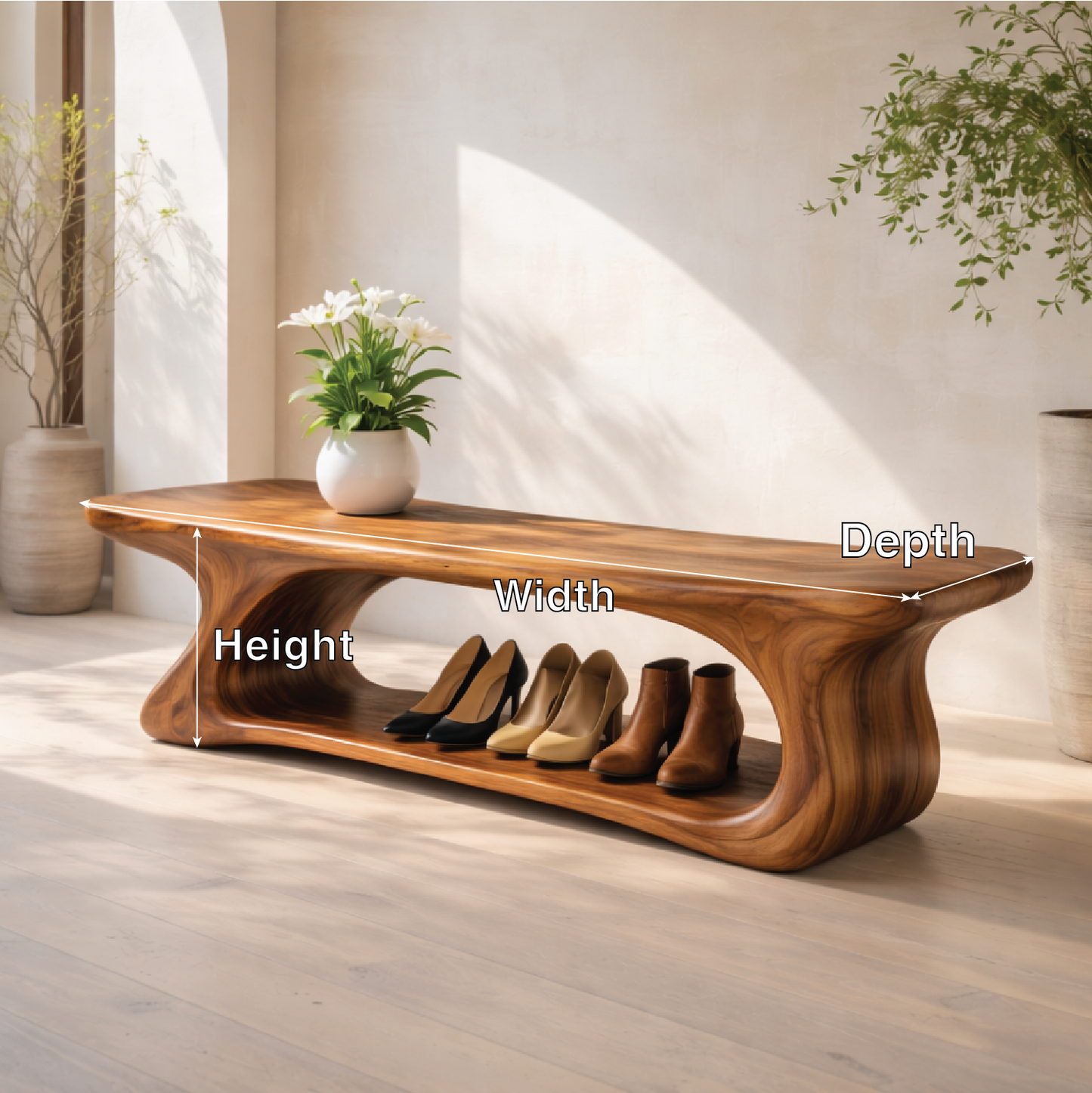 Sculptural Solid Wood Storage Bench, Modern Organic Entryway Shoe Bench