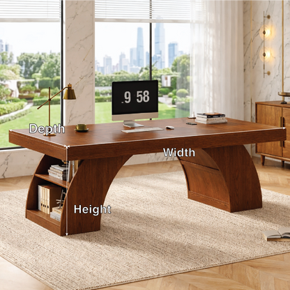 Modern Executive Desk with Sculptural Base, Storage Shelves, Designer Workspace Office Table