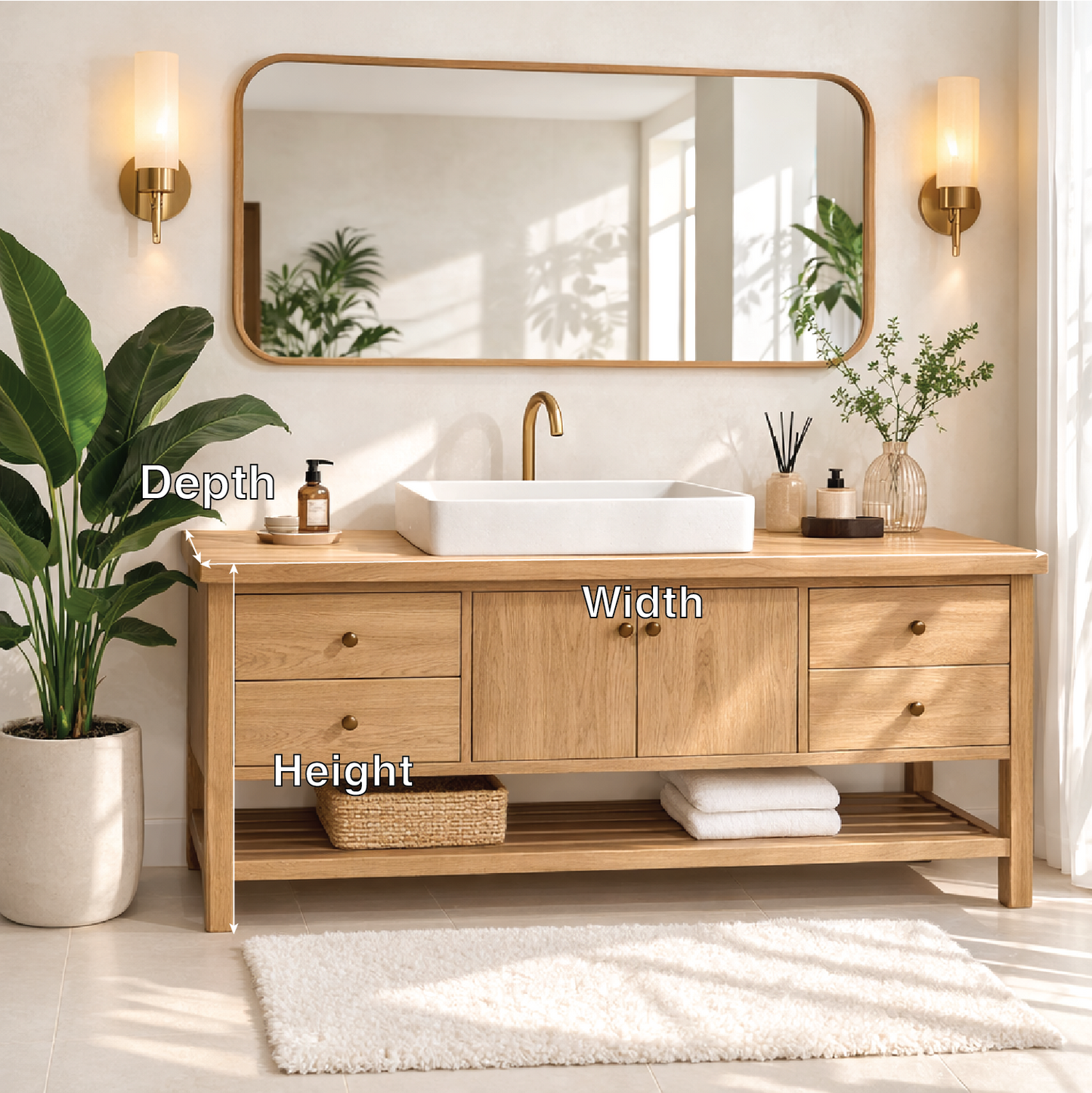 Rustic Bathroom Vanity with Open Shelves and Elegant Brass Faucet Kitchnce