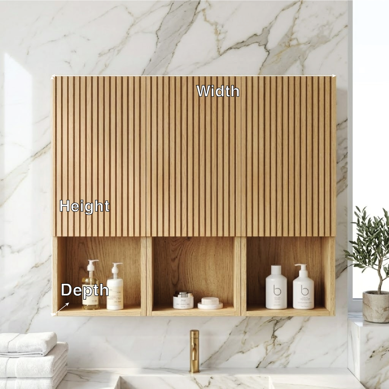 Floating Bathroom Cabinet, Modern Slatted Wall Mounted Vanity Storage Organizer Unit