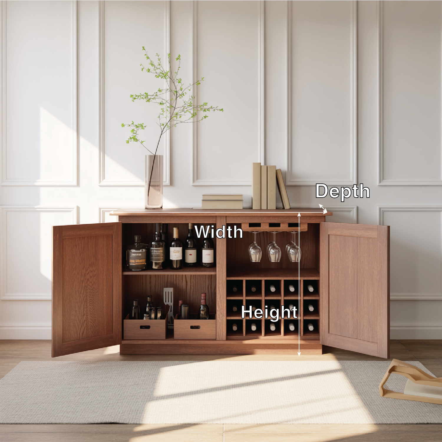 Handcrafted Solid Wood Wine Cabinet Sideboard with Glass Rack Mid Century Bar Storage
