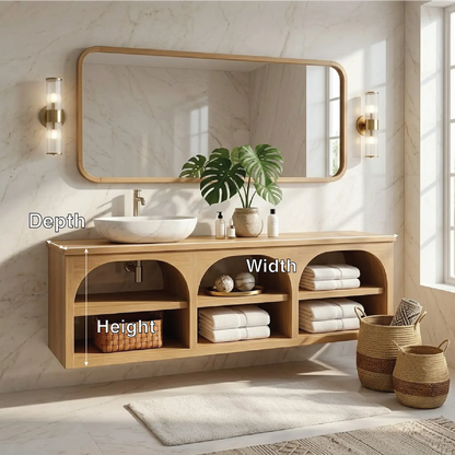 Floating Vanity with Natural Wood and Marble Sink, Open Shelf Storage Kitchnce