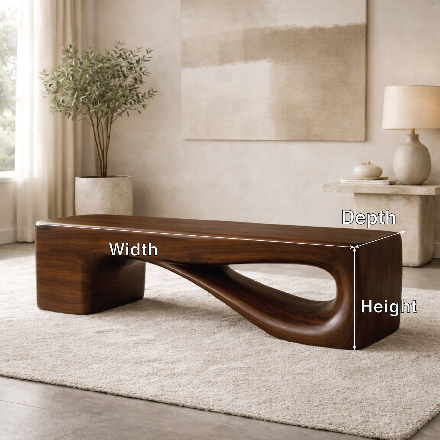 Modern Sculptural Wooden Entryway Bench, Curved Hallway Seating for Luxury Homes