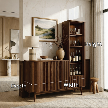Contemporary Wooden Bar Cabinet, Fluted Sideboard with Tall Bottle Display Storage