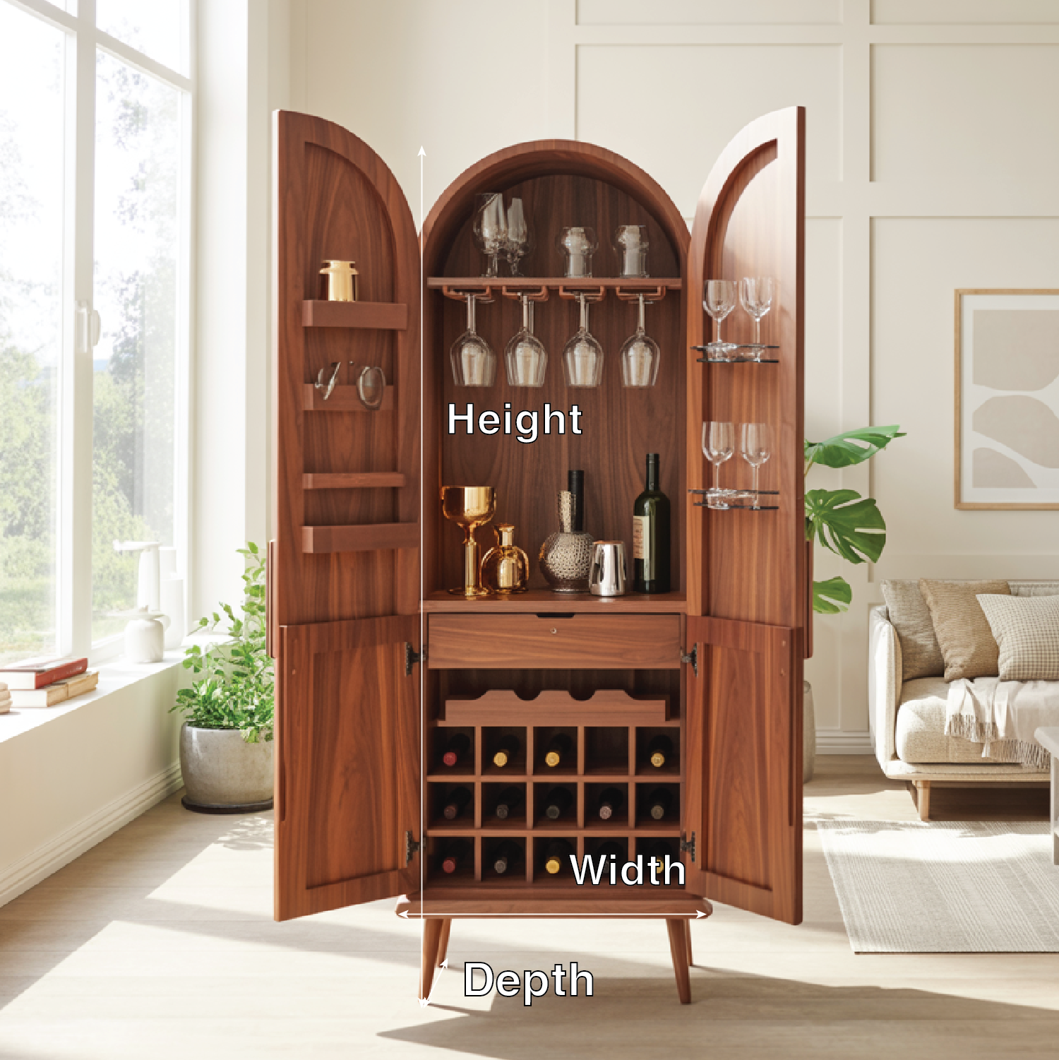 Handcrafted Solid Wood Arched Wine Cabinet Mid Century Bar Storage with Glass Rack