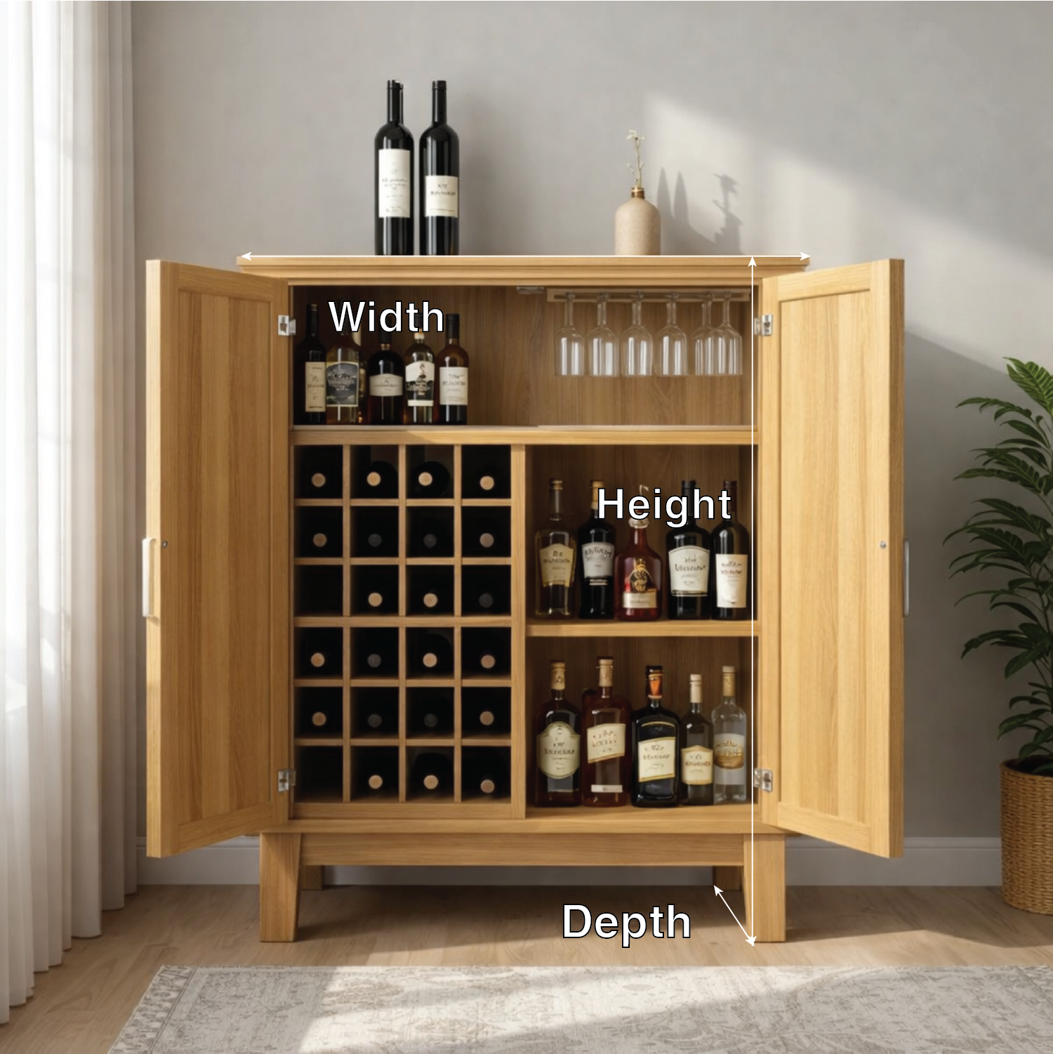 Solid Wood Wine Cabinet with Double Doors and Grid Bottle Storage