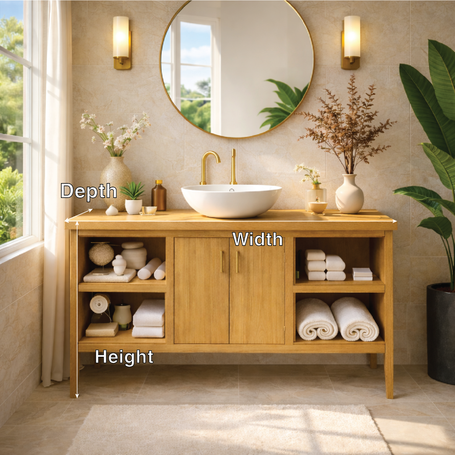Sleek Wooden Bathroom Vanity with Open Shelving and Storage Kitchnce
