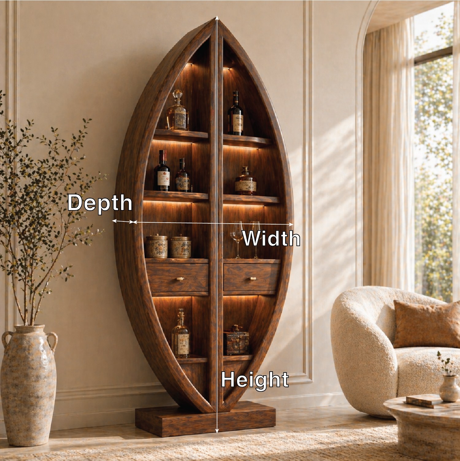 Sculptural Tall Wine Cabinet Freestanding Bar Storage Display Shelves With Drawers