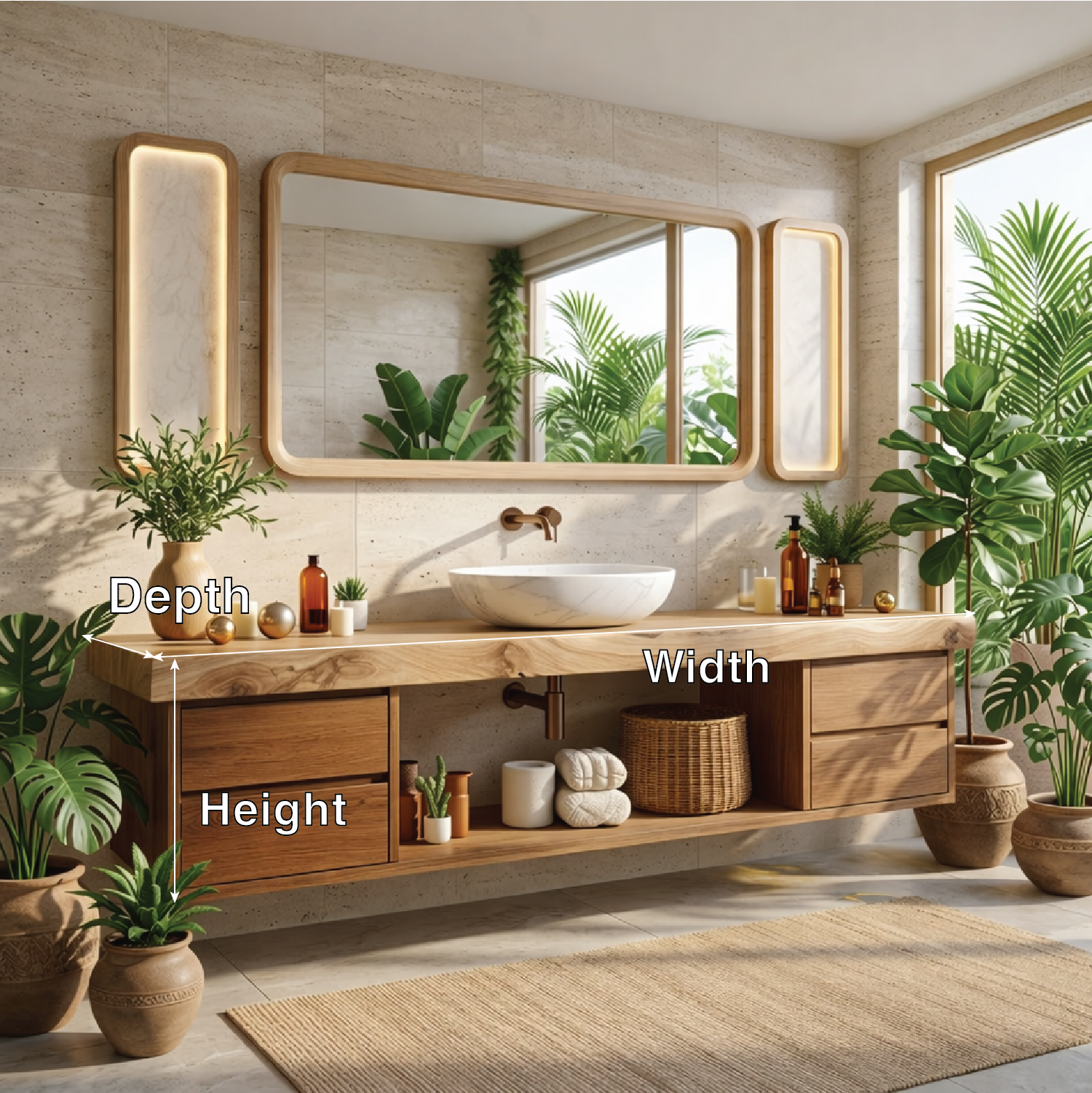 Modern Floating Walnut Vanity with Natural Wood Finish and Open Shelving, Stylish Bathroom Storage Kitchnce
