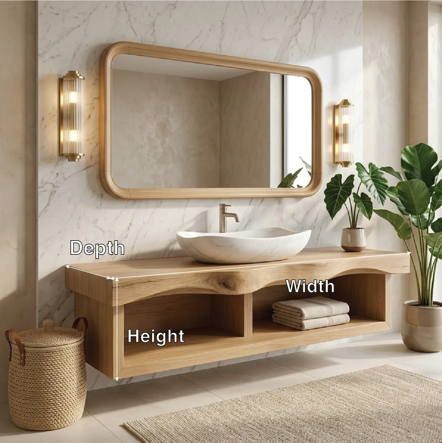 Floating Vanity with Natural Walnut Wood, Unique Curve Design and Open Shelf Kitchnce