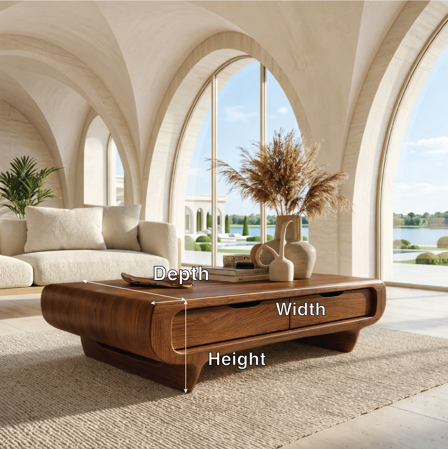 Modern Storage Coffee Table with Drawers, Rounded Minimalist Living Room Centerpiece