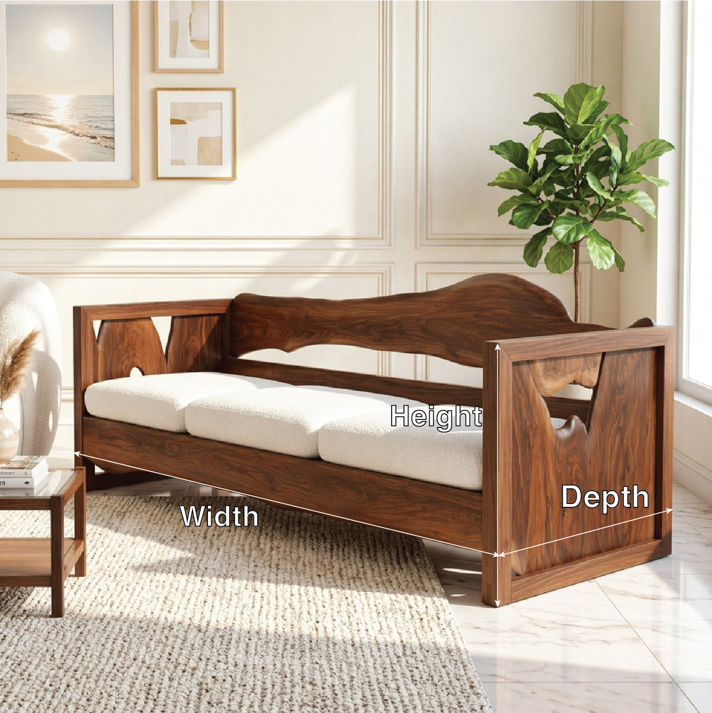 Organic Modern Wooden Sofa, Minimalist Daybed Couch for Elegant Modern Interiors