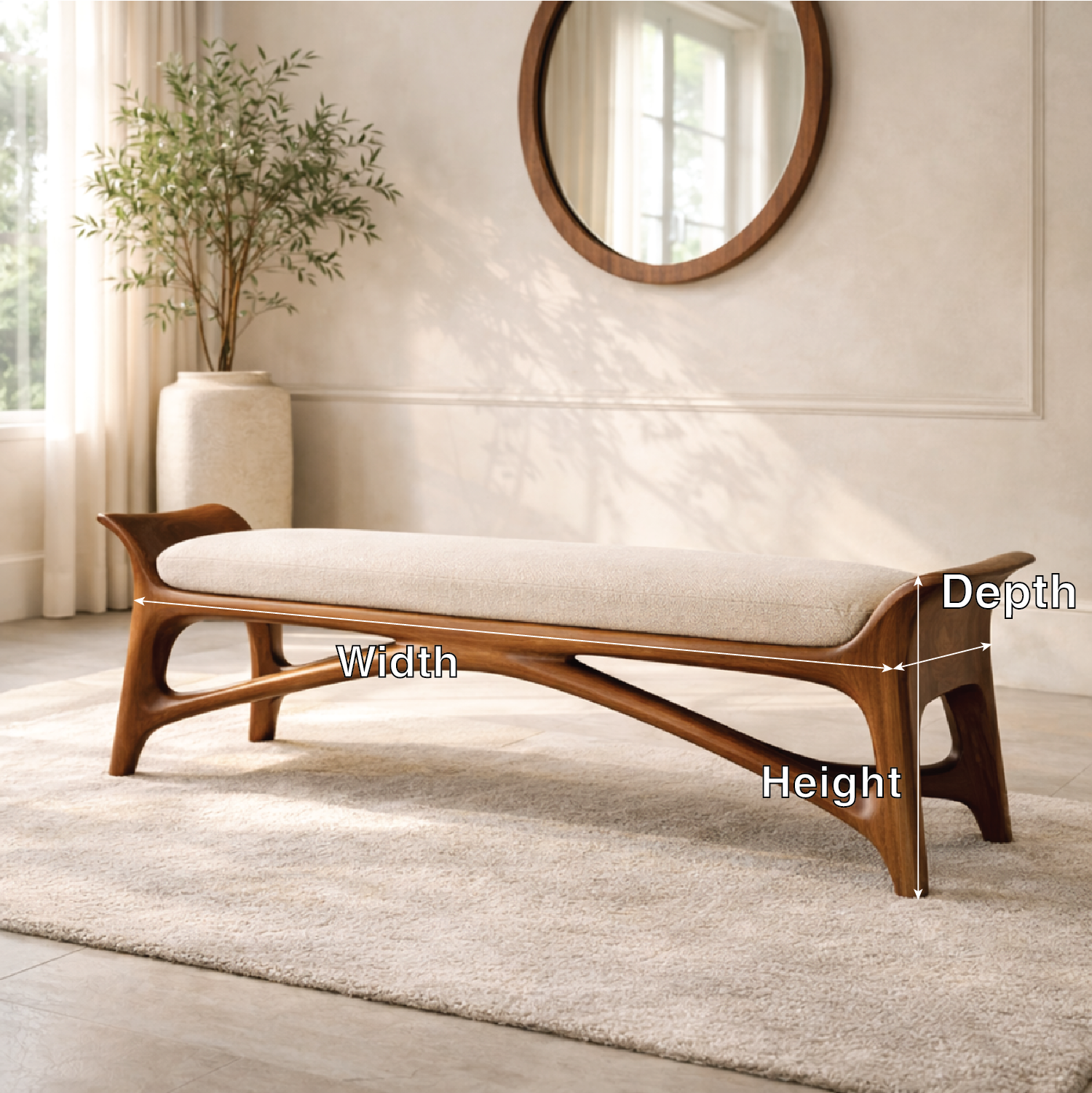 Modern Upholstered Entryway Bench, Luxury Sculptural Hallway Seat with Curved Frame
